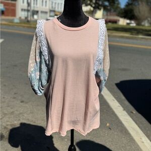 Pink Lace Sleeve Women's Top